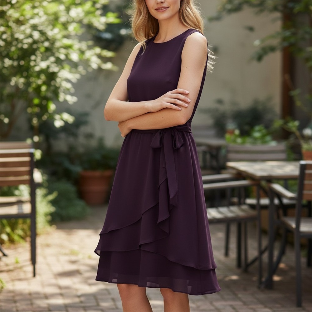Chaps Womens Plum Purple Sleeveless Tiered Ruffle Cocktail Dress Size 10 Formal